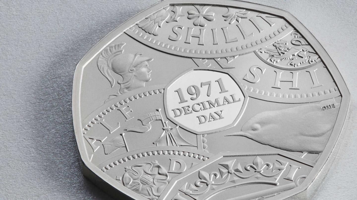 A commemorative coin marking 50 years since decimalisation in the UK