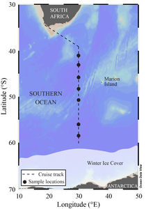 Cruise track showing sampling spots in Southern Ocean
