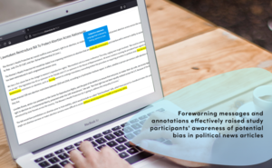 A screenshot from the study, showing messages and annotations created to raise awareness of potential bias in political news articles.