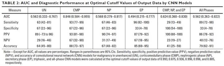 AUC and Diagnostic Performance at Optimal Cutoff Values of Output Data by CNN Models