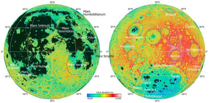 Fig. 1. Maps of the lunar nearside (left) and farside (right) showing the spatial distribution of mare basalts (dark gray areas, based on Nelson et al. [27]). Basemap is a colorized Lunar Orbiter Laser Altimeter (LOLA) topography overlain on LOLA hillshad