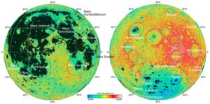 Fig. 1. Maps of the lunar nearside (left) and farside (right) showing the spatial distribution of mare basalts (dark gray areas, based on Nelson et al. [27]). Basemap is a colorized Lunar Orbiter Laser Altimeter (LOLA) topography overlain on LOLA hillshad