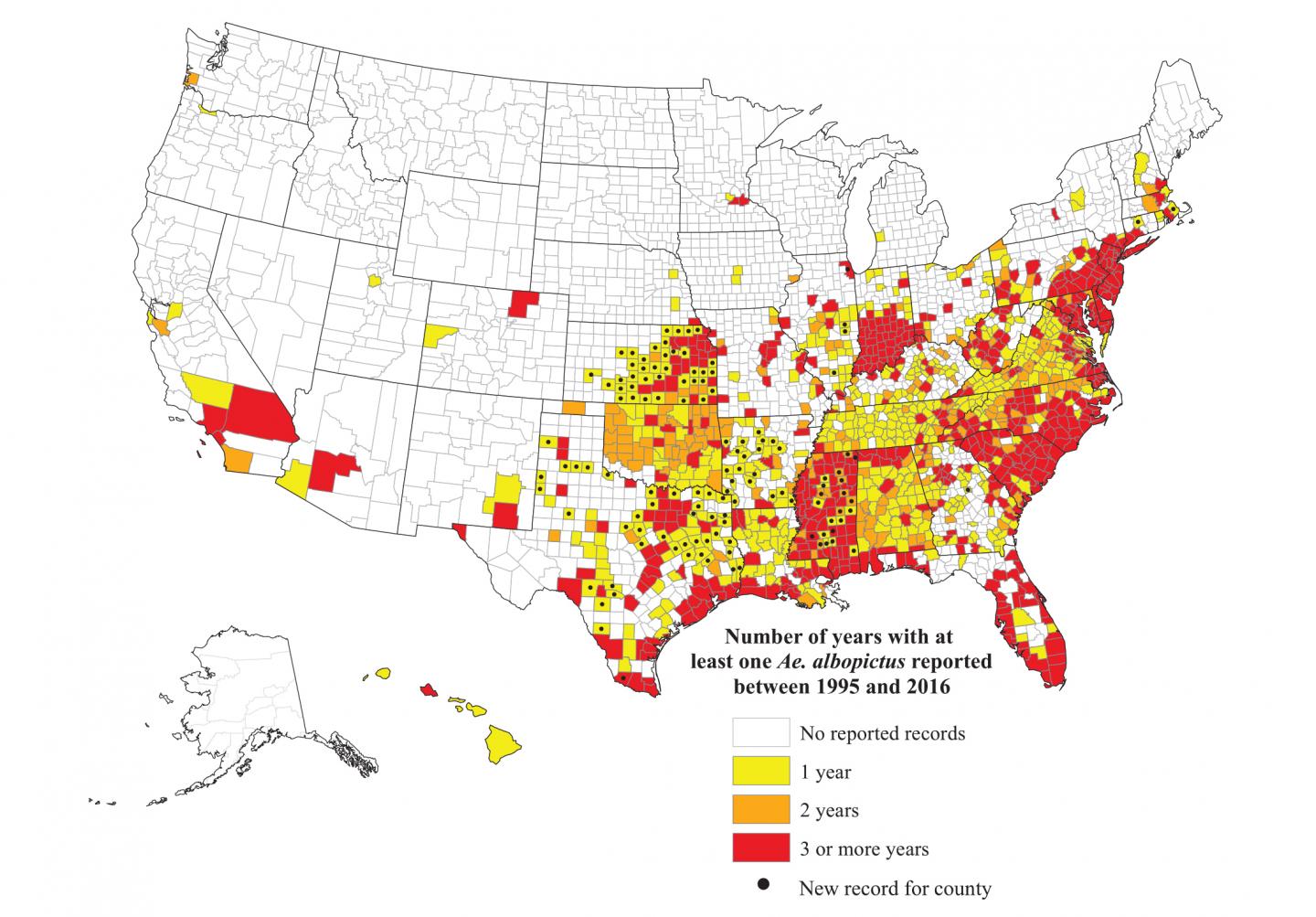 Number of Years with at Least One <i>Aedes albopictus</i> Reported between 1995 and 2016
