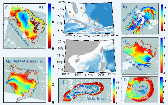 Shallow bathymetry (in meters) in six optical shallow regions