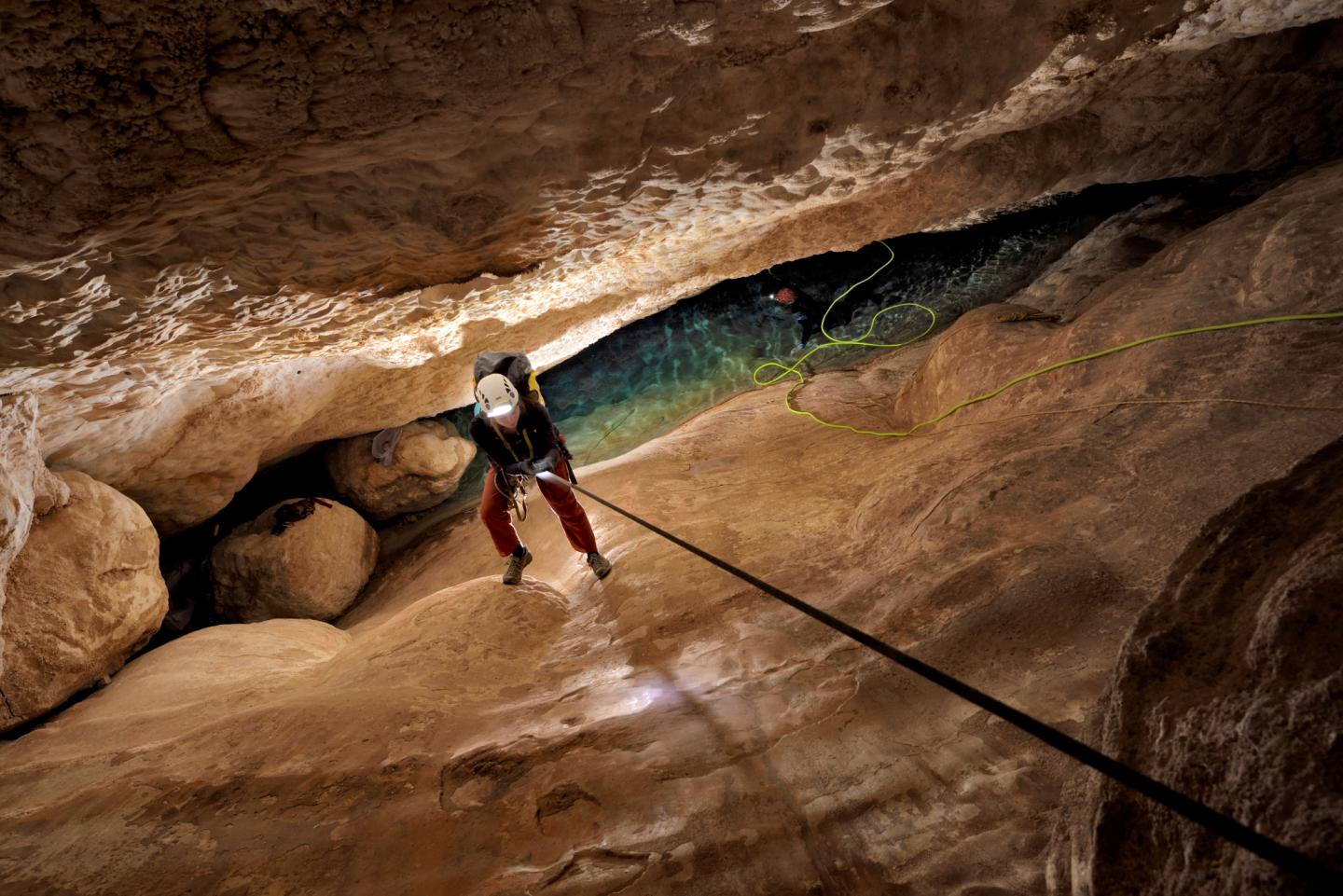 Rappeling down into Devils Hole: the Water Basin