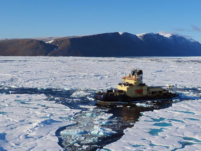 Icebreaker Oden outside Stephenson Island entering the Victoria Fjord.