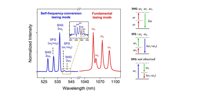 Figure 3. Self-frequency conversion effect in a multimode nanowire laser.