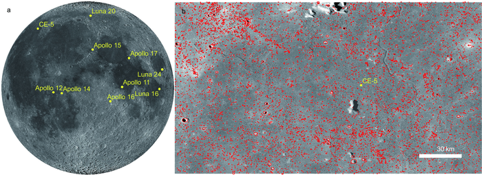 Lunar sampling area and mapped craters in the Chang'E-5 landing area