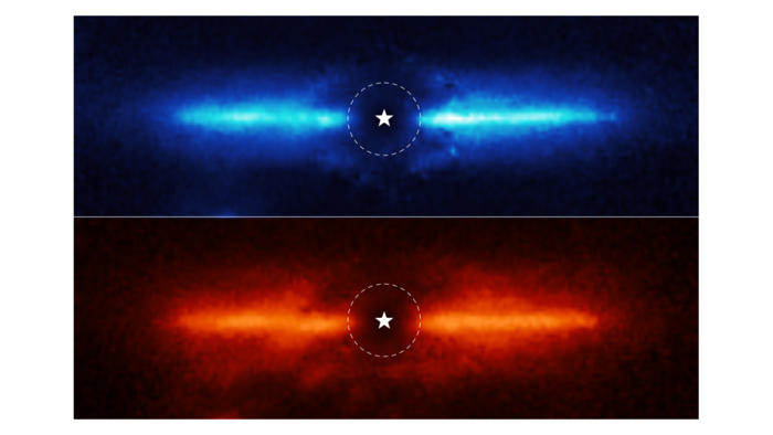 2 images of the dusty debris disk around AU Mic, a red dwarf star