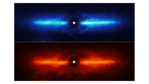 2 images of the dusty debris disk around AU Mic, a red dwarf star