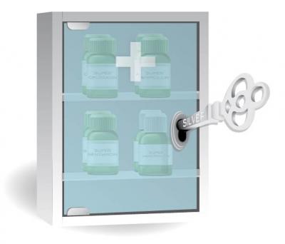 Conceptual Illustration of Silver Key Unlocking Medicine Cabinet