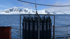 Hunting for microbes in the global ocean. Sampling of seawater is performed with Niskin Bottles, which are cylindrical container used in oceanography to collect water samples containing microbes at various depths, triggered to snap shut at the desired depth.