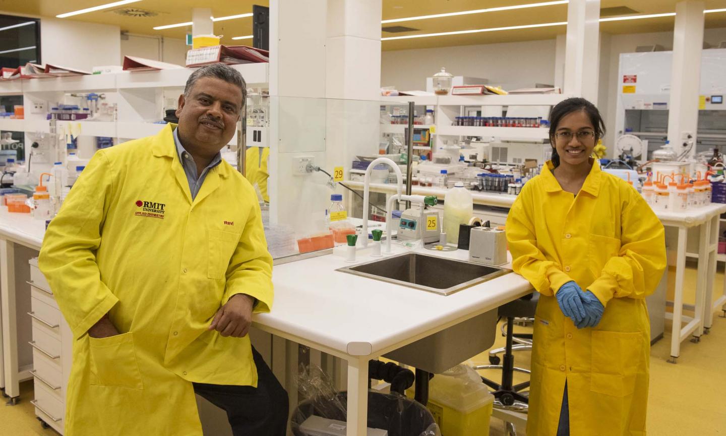 L-R: Associate Professor Ravi Shukla and PhD researcher Arpita Poddar in their lab.