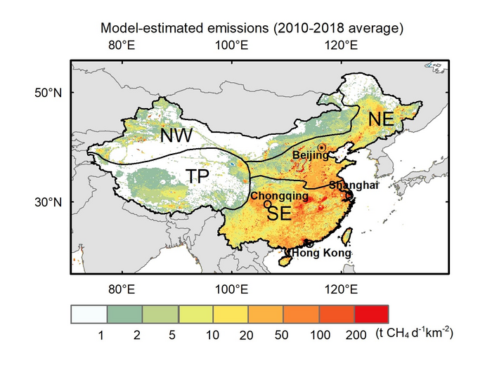 Figure 1 Emission estimates for 2010–2018 in China. The four regions analyzed include North China (NE), South China (SE), North-west China (NW), and the Qinghai-Tibetan Plateau (TP).