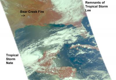 NASA AIRS Image: Tropical Storms Nate and Lee, Texas Fire Smoke Plume