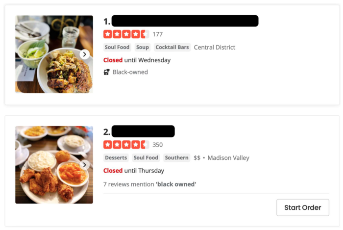 Screenshot of restaurant listings