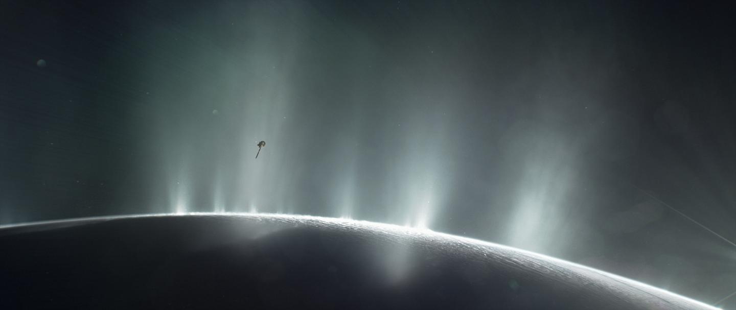 Illustration of Cassini flying through plumes on Enceladus