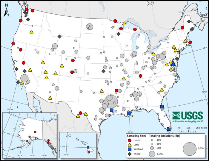 Dragonfly Larvae Testing Sites and U.S. Mercury Emissions