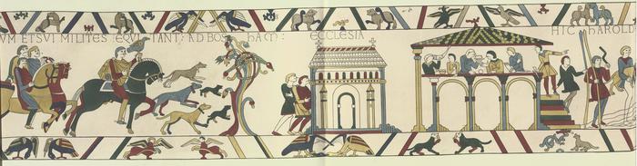 Figure 1: The Bayeux Tapestry, showing King Harold riding to Bosham, where he attends church and feasts in a hall, before departing for France. © The Society of Antiquaries of London.