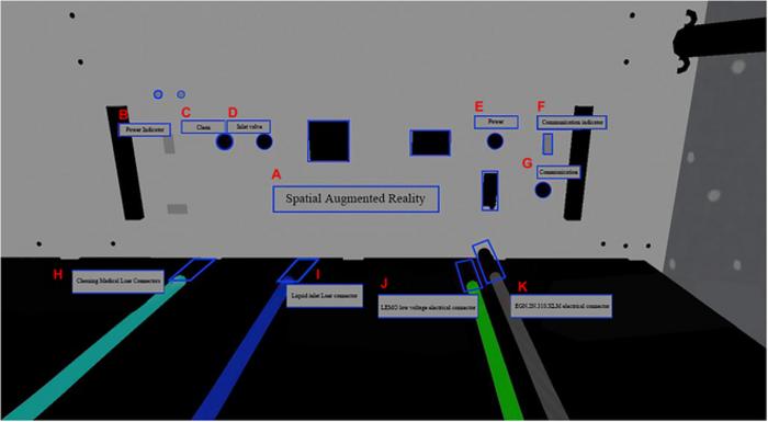 Fig. 2. AOIs of the Space Raman Spectrometer (A, Space Raman Spectrometer; B, power indicator; C, cleaning interface; D, liquid inlet interface; E, power interface; F, communications indication; G, communications interface; H, medical Luer joints for cle