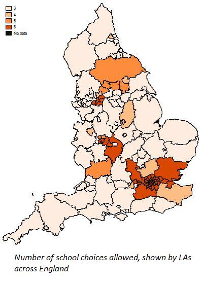 Number of School Choices Allowed, Shown by LAs across England