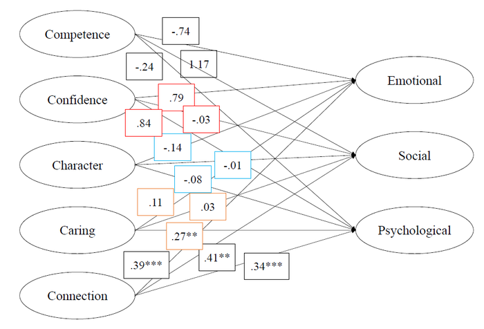 Visual representation of the structural equation model estimating the relations between factors of positive youth development and factors of the mental health continuum
