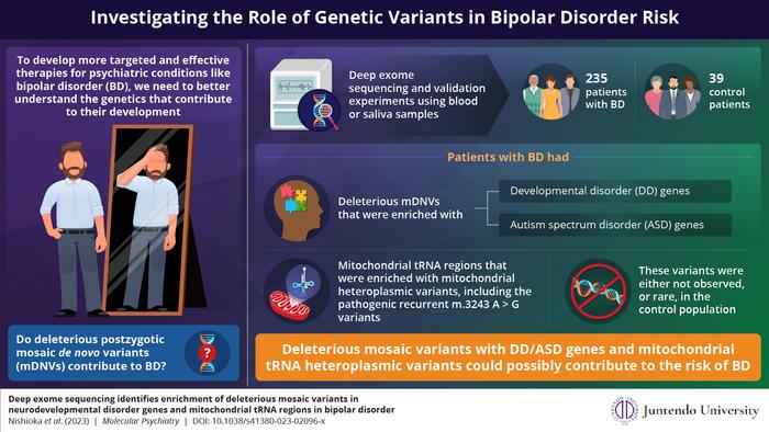 Mosaic mutations in neurodevelopmental disorder genes and mitochondrial tRNA genes have been found to be involved in the pathophysiology of bipolar disorder