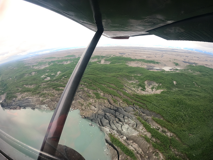Aerial view of the eroding coast in front of Malaspina Glacier