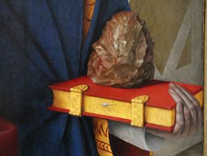 Close-up detail of the hand-axe like object in Jean Fouquet's "Étienne Chevalier with Saint Stephen."