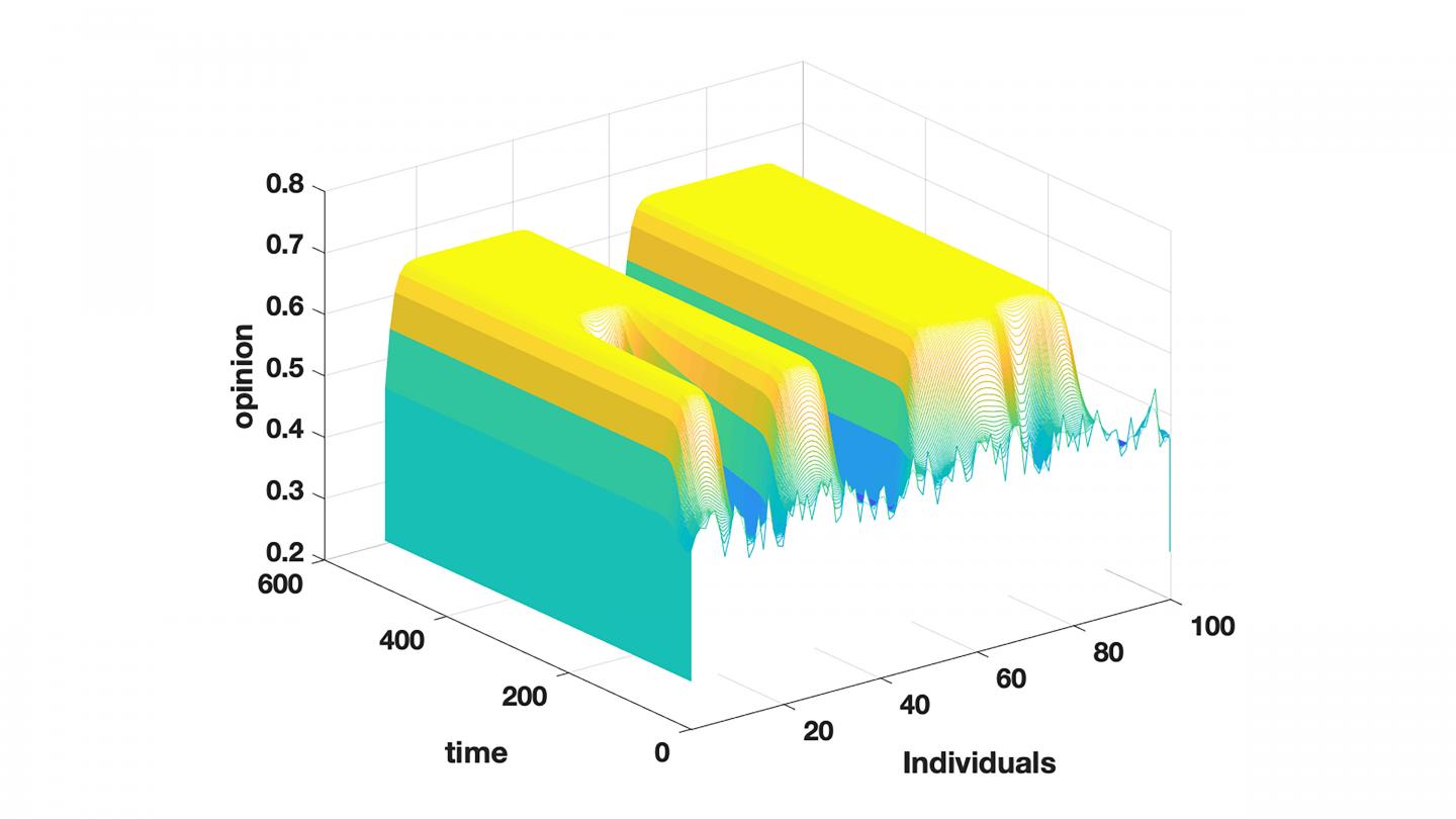 The height of the surface indicates the political opinion of each individual.