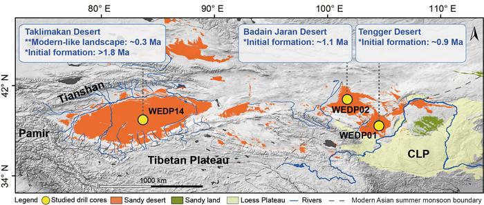 MAP SHOWING DESERT DISTRIBUTION AND AGE CONSTRAINTS FOR MAJOR DESERTS IN NIRTHWESTERN CHINA.