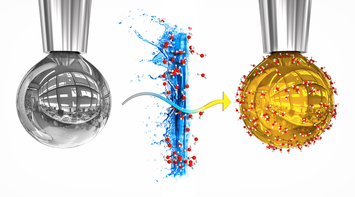 Artistic rendering of a pure sodium-potassium alloy drop and a drop with a layer of water, in which electrons liberated from the metal dissolved