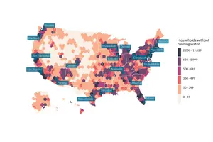 Map of US households without access to running water in 2017–2021.