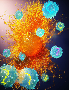 Engineered T cells with barcoded modifier genes approaching a tumor cell.