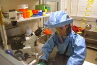 Researcher Working in a Biosafety Level 4 Laboratory
