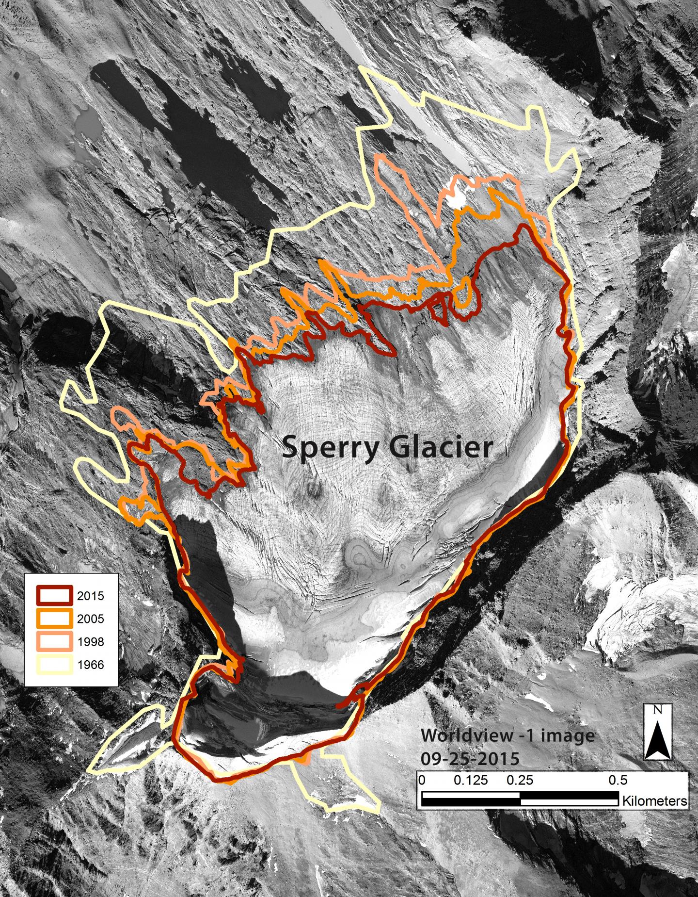 Sperry Glacier Perimeter: 1966,1998, 2005, 2015.
