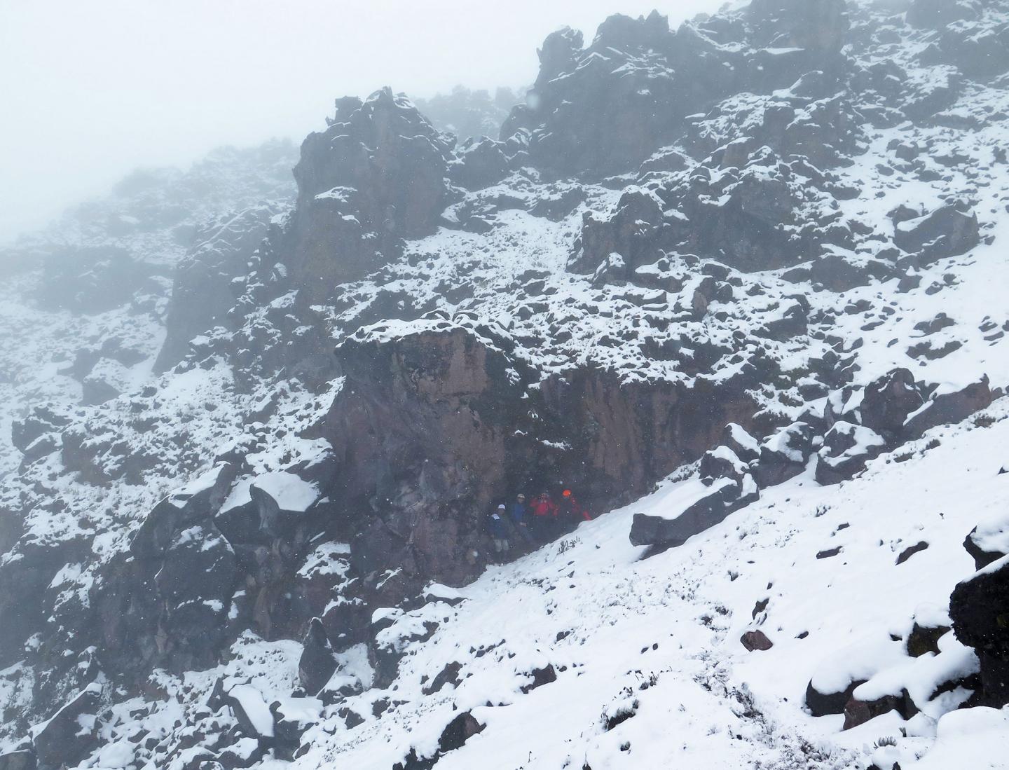 Researchers in the cave of Antisana where Humboldt and Bonpland stopped in 1802 to collect plants.