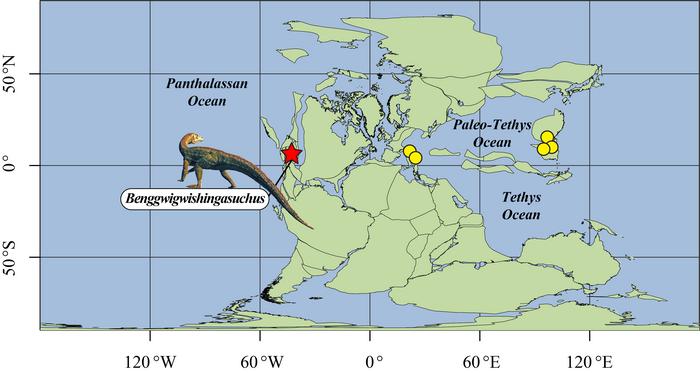 A map of the Middle Triassic oceans and the archosauriforms described from eastern coastal settings (yellow dots), as well as the new species B. eremicarminis from the Panthalassan coast (red star)