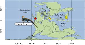 A map of the Middle Triassic oceans and the archosauriforms described from eastern coastal settings (yellow dots), as well as the new species B. eremicarminis from the Panthalassan coast (red star)