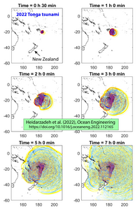 Snapshots of tsunami propagation at different times for the 15 January 2022 Tonga tsunami from our source model S6.