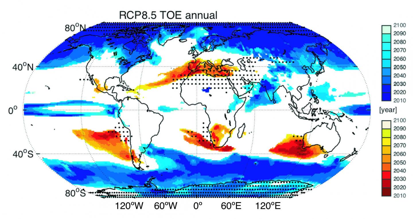 Time of Emergence of Annual Precipitation for Climate Simulations Forced by the RCP8.5 High Emission