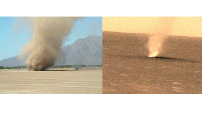 Dust devil in the Arizona desert (left) and on Mars