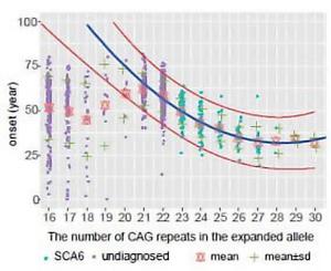 Relationship between age of onset and CAG repeat units of CACNA1A gene in patients with ataxia.