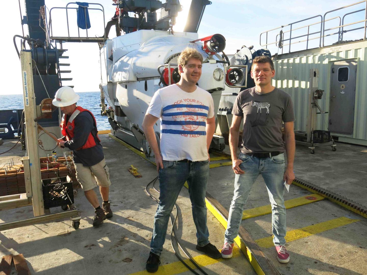 Cedric Hahn and Gunter Wegener in front of the Submersible ALVIN