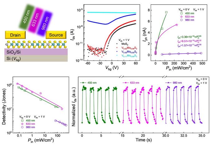 Tunable transport properties as well as broad spectral photoresponse is demonstrated in V-doped MoS2-based device.