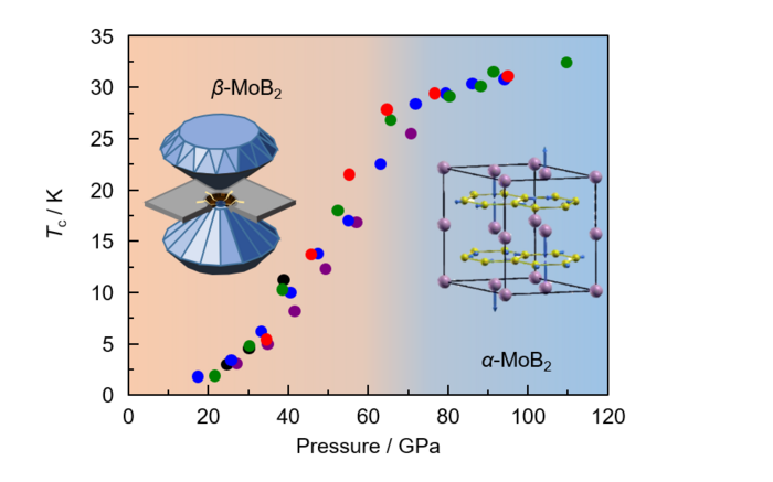 Phase diagram of MoB2. Insert is the Diamond Anvil Cell (left) and Atomic displacements of the lowest acoustic mode of MoB2 (right).