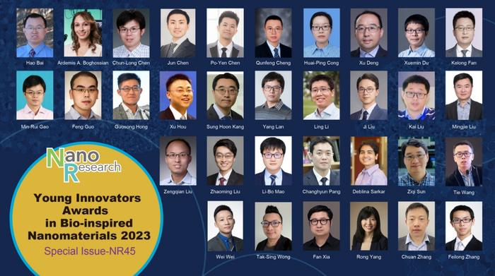 Thirty-three outstanding young investigators under the age of 45 won the 2023 Nano Research Young Innovators (NR45) Awards in Bio-inspired Nanomaterials for their extraordinary contributions in developing bio-inspired nanomaterials.