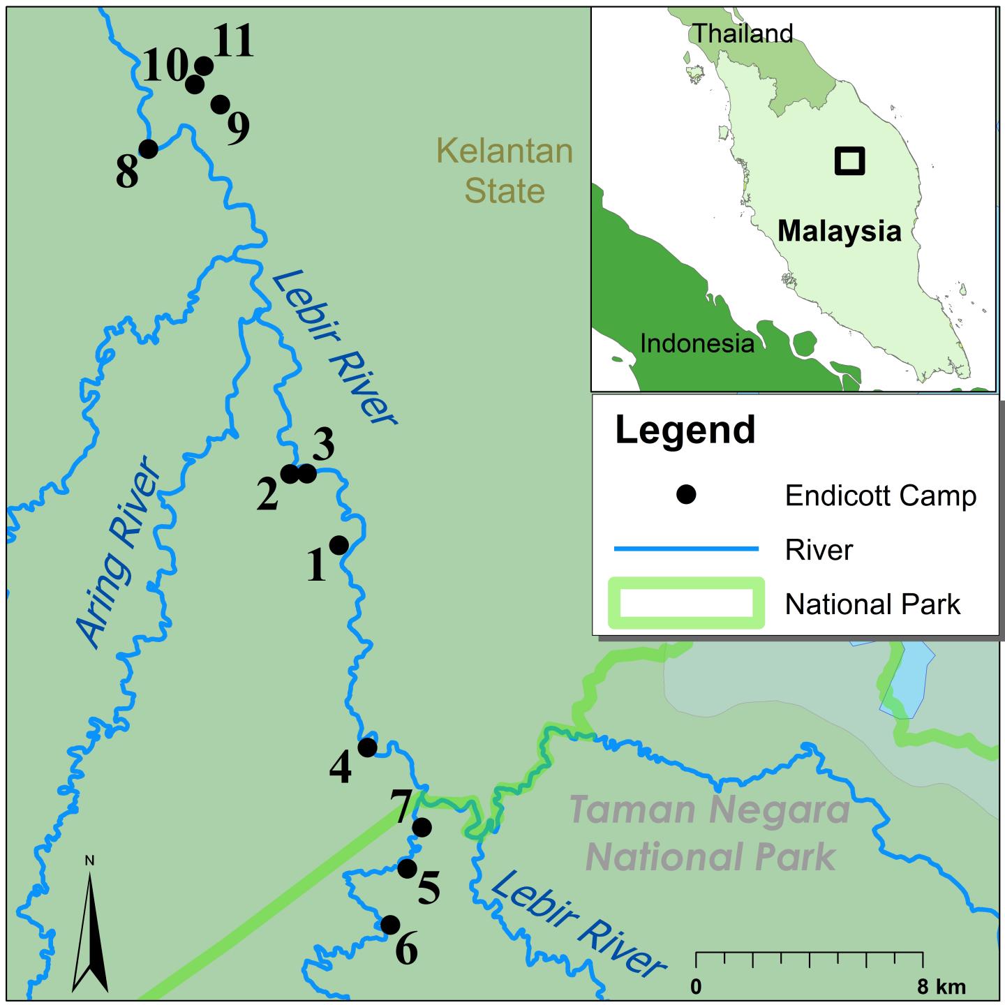 Map of Batek Foragers, Who Occupied 11 Camps