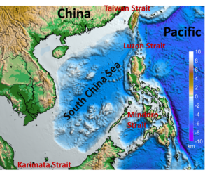 Geographical location and bathymetry of the South China Sea