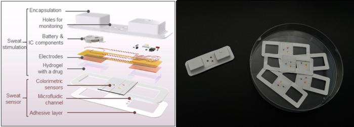 Schematic and Actual Photo of Wearable Device Enabling Drug Delivery for Sweat Induction and Disease Monitoring